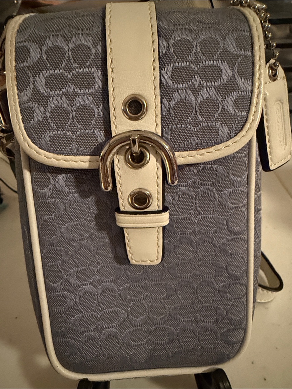 Coach 1941 Blue Signature Canvas Mini crossbody Bag with White Trim and Buckle - Picture 14 of 16